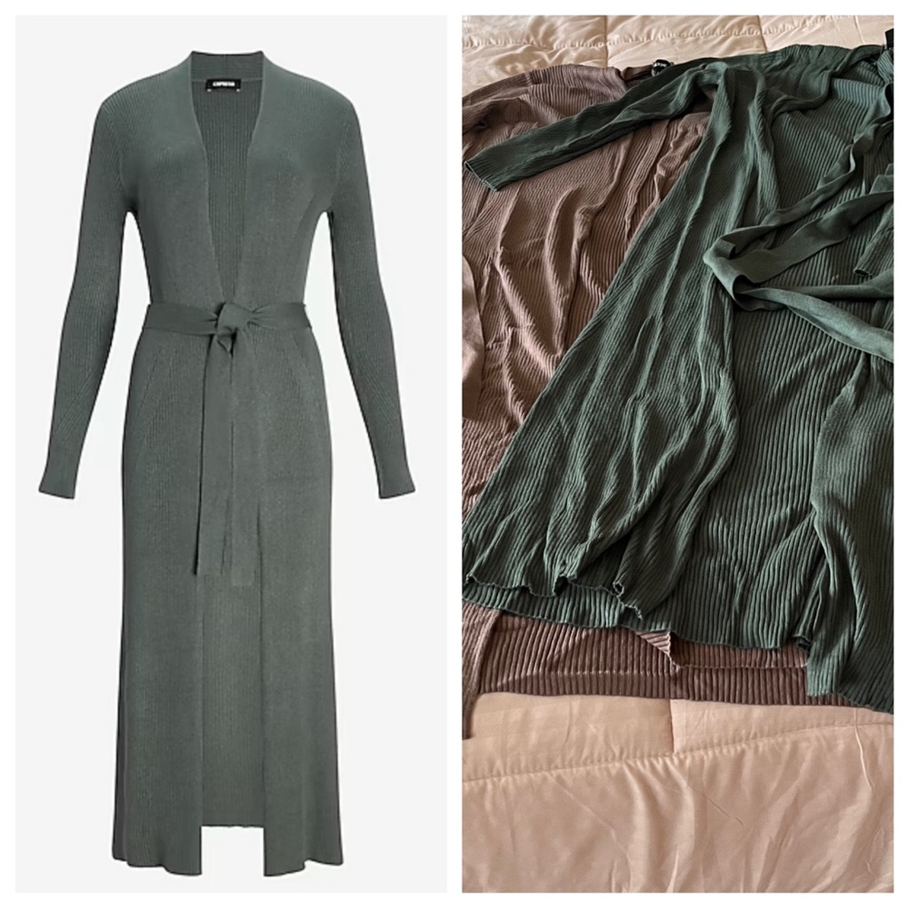 Express belted long open front cardigan